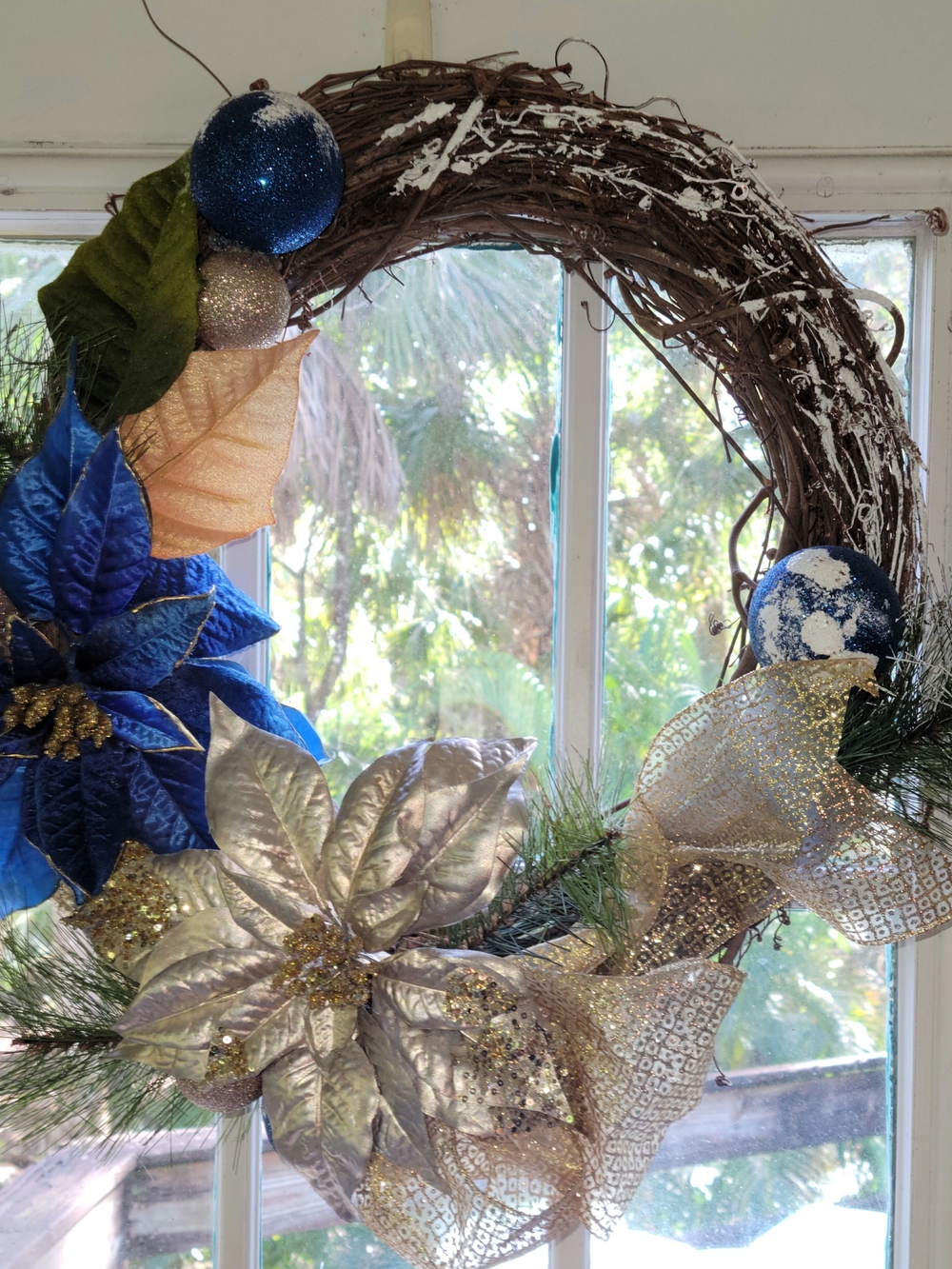 Hand Crafted Blue & Gold Poinsettia Grapevine Holiday Wreath